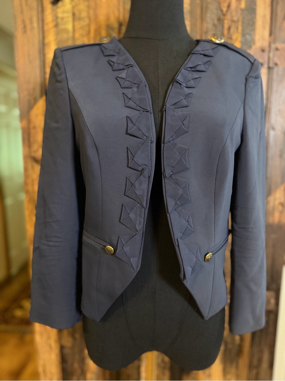 Tibi New York Navy Cropped Military Blazer Jacket Gold Buttons Origami Trim Sz 4